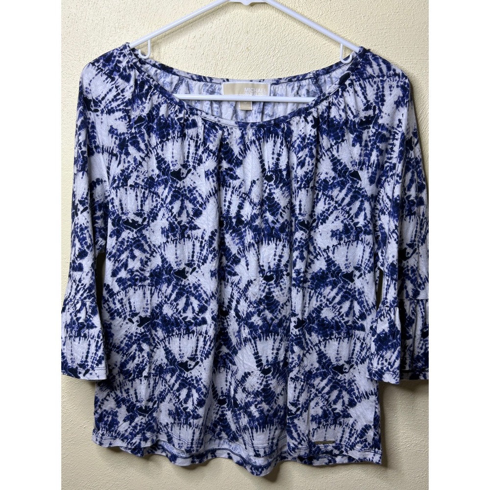 Michael Kors Blue White Tie Dye Ruffle Sleeve Top Medium Scoop Neck Shibori